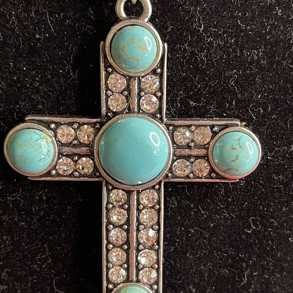Dfl VIMCI Turquoise, Silver Tone, C.Z. Diamonds Cross Necklace, Earring Set - Picture 2 of 16